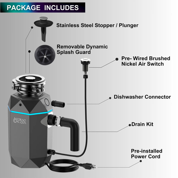 Forno Acqua BrightDiamond Black Onyx 3/4HP Super Quiet Garbage Disposal Corded with... Kitchen Appliance - Installation View