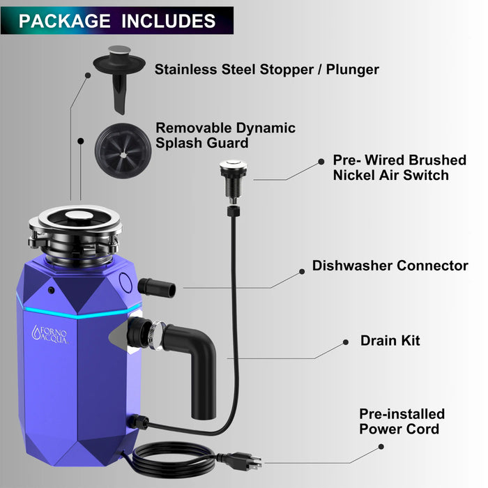 Forno Acqua BrightDiamond Amethyst 1HP Super Quiet Garbage Disposal Corded with Motion Sensor Cabinet Light & Pre-Wired Air Switch (WDD100TA1AM)