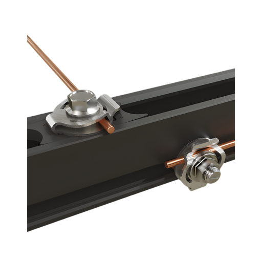 Pegasus Solar - Ground Lug - Close-up of two stainless steel grounding lugs mounted on a black solar rail, each securing a copper grounding wire for electrical bonding in a solar installation.