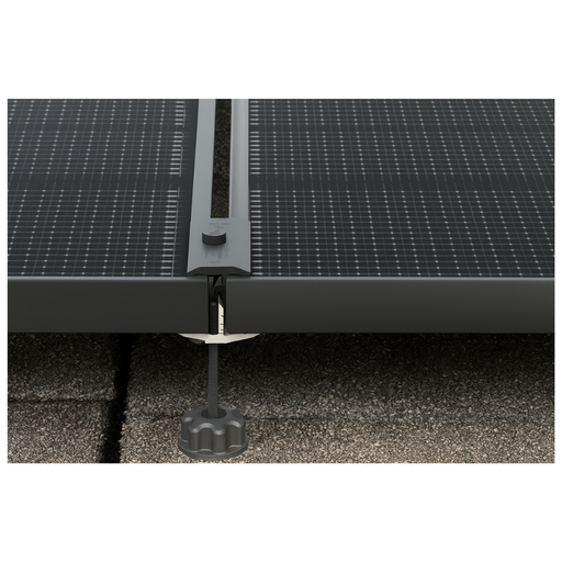Pegasus Solar - SkipRail Clamp w/ Kickstand - Close-up of two solar panels joined by a Pegasus rail and mid-clamp, showing alignment and bolt connection.
