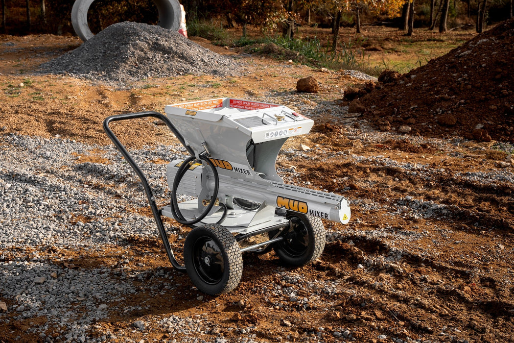 MudMixer Evolution concrete mixer on a gravel job site