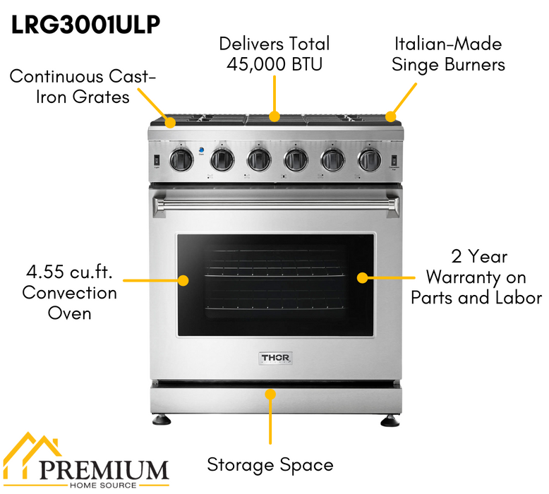 Thor Kitchen 30 in. 4.55 cu. ft. Professional Propane Gas Range in Stainless Steel, LRG3001ULP Thor Kitchen