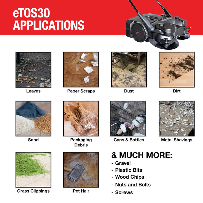 30" Battery Powered Push Sweeper with Triple Power Brooms Electric Drive and Dust Suppression Sprayer - specifications diagram