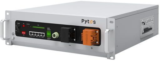 Pytes - V5 LiFePO4 Battery - 5.12kWh - 100Ah - Lithium Iron Phosphate - Left angle view of Pytes V5 LiFePO4 Battery showing communications ports and handles