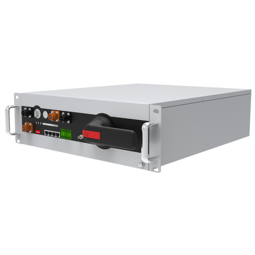 Pytes High Voltage Battery Control Unit - HV48100 SE - 200V-870V - Left Side-facing rack-mounted high-voltage battery control unit with ports, LEDs, and rotary disconnect.