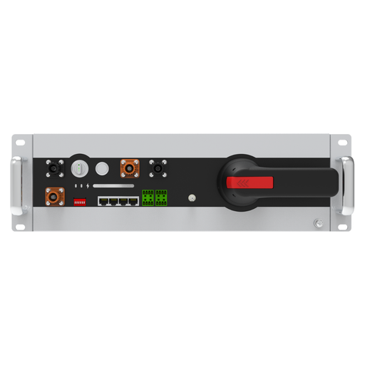 Pytes High Voltage Battery Control Unit - HV48100 SE - 200V-870V - Front-facing rack-mounted high-voltage battery control unit with ports, LEDs, and rotary disconnect.