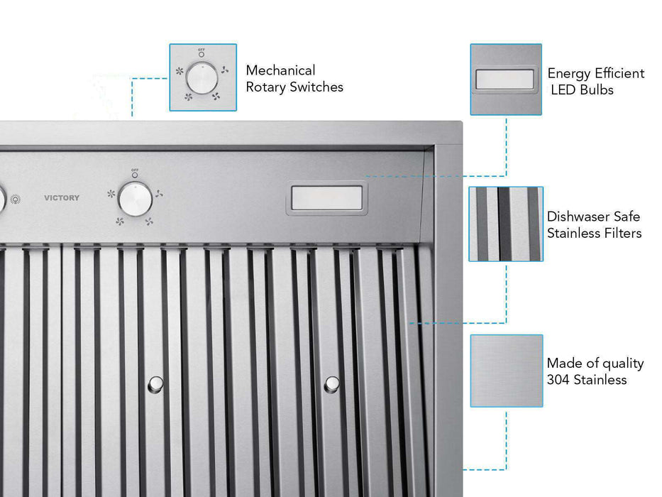 Victory Q2 range hood insert feature callouts and controls