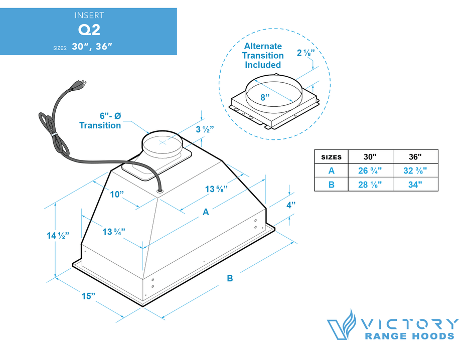 Victory Q2 30 inch range hood insert dimensions diagram