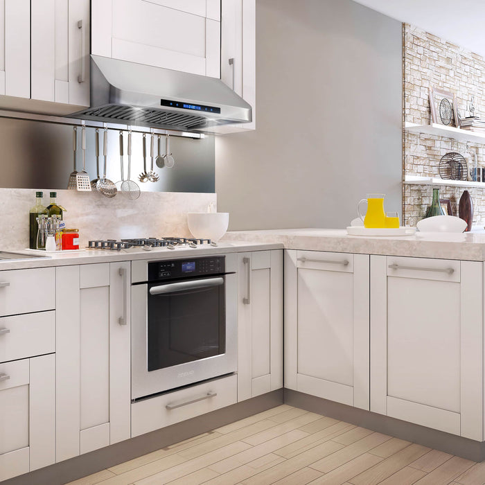 Cosmo 4 - Piece Appliance Package - 30-Inch Dual Fuel Range, Under Cabinet Range Hood Dishwasher and Refrigerator (COS-4PKG-014) Cosmo