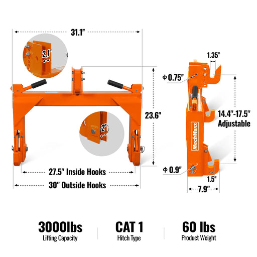 3 Point Quick Hitch Cat 1 for Tractors, Orange, QH1T — angle view