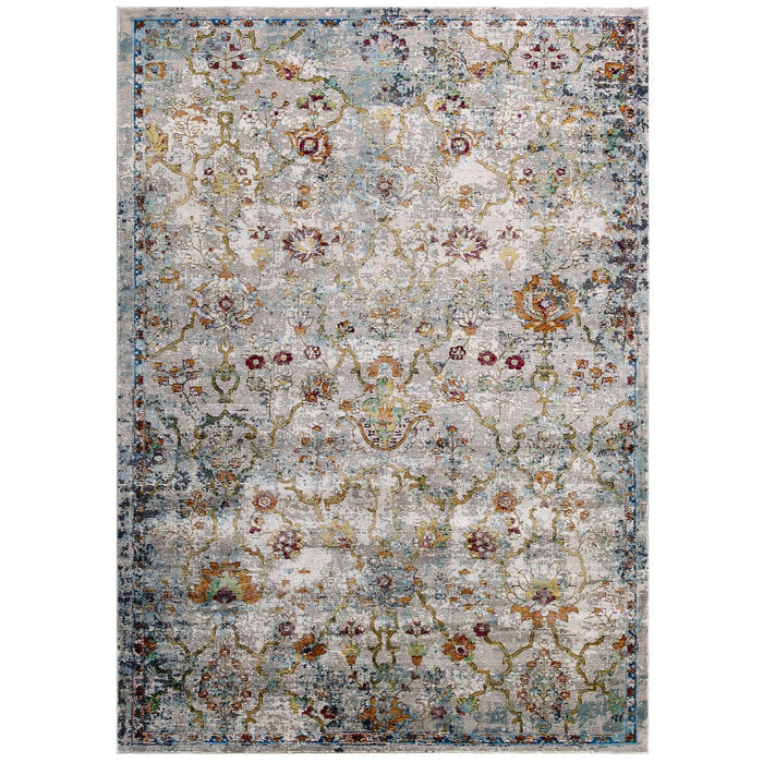 Modway Success Manuka Distressed Vintage Floral Lattice Area Rug in Gray