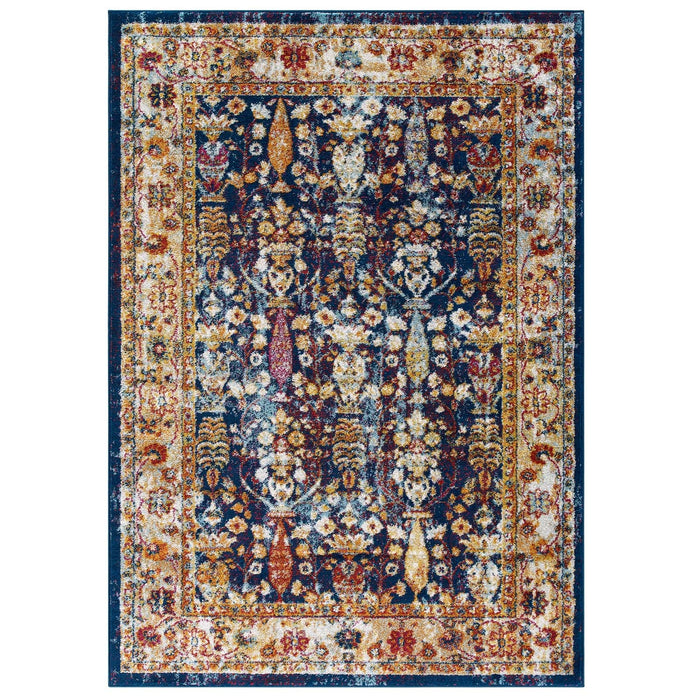 Modway Entourage Jessa Distressed Vintage Floral Lattice Area Rug in Blue