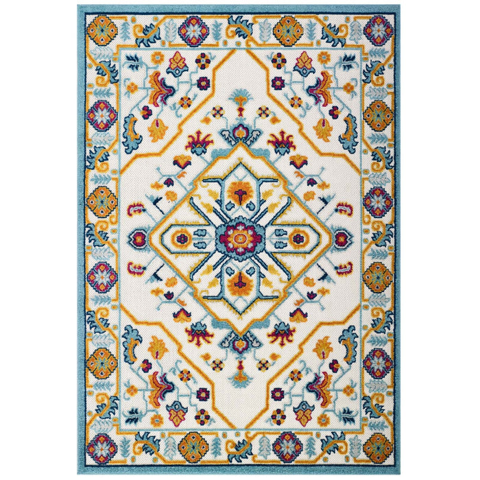 Modway Reflect Freesia Distressed Floral Vintage Medallion Indoor and Outdoor Area Rug in Blue