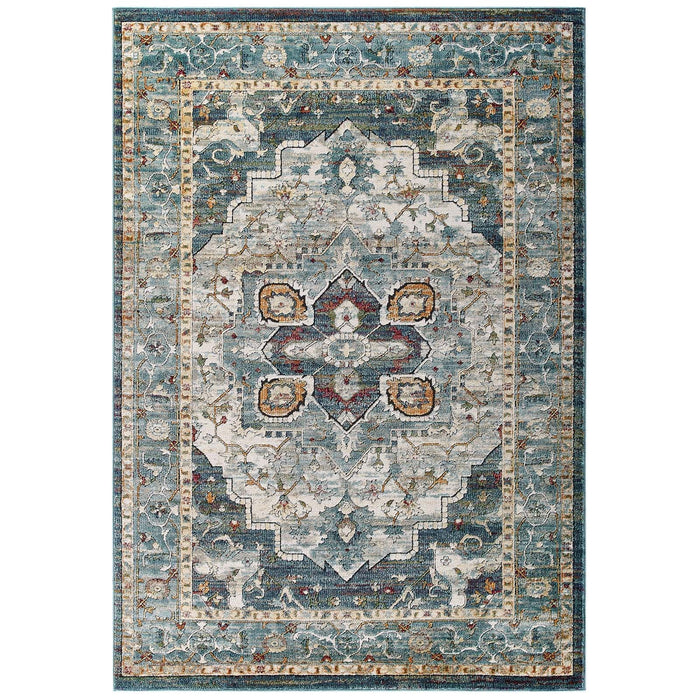 Modway Tribute Diantha Distressed Vintage Floral Vintage Medallion Area Rug in Blue