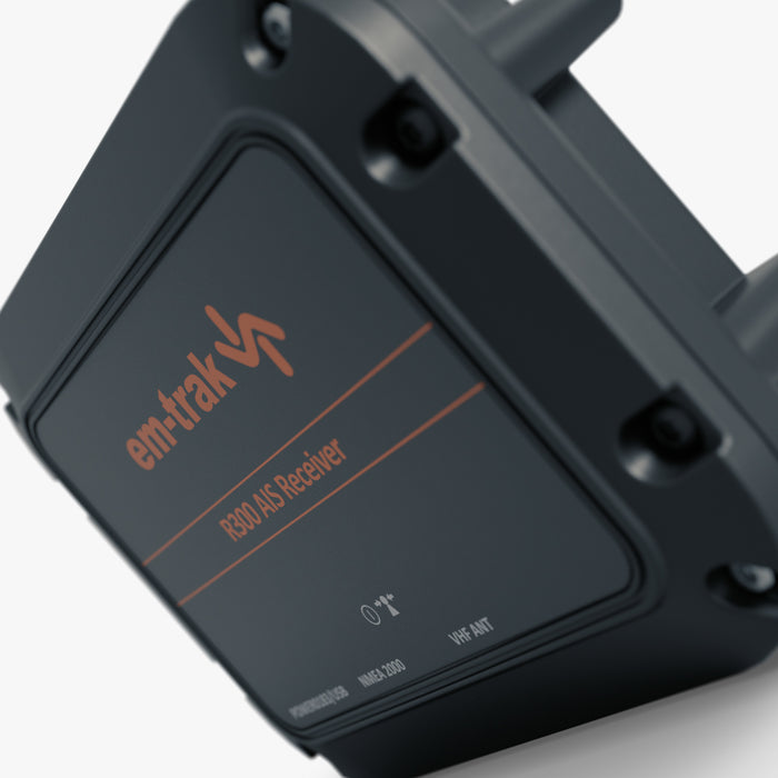 em-trak R300 AIS receiver angled on light background