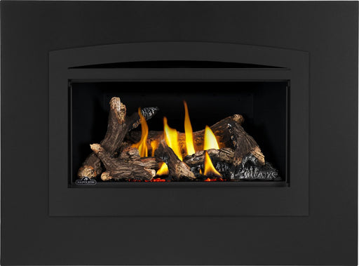 Napoleon Rosedale 2 gas fireplace insert front view with oak logs, arched faceplate and backerplate