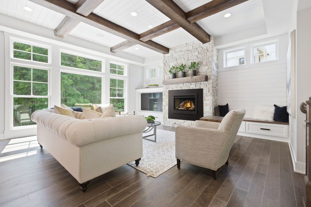 Napoleon Rosedale 3 gas fireplace insert with birch logs in a living room