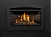 Napoleon Rosedale 3 gas fireplace insert front view with oak logs, Westminster brick and arched faceplate