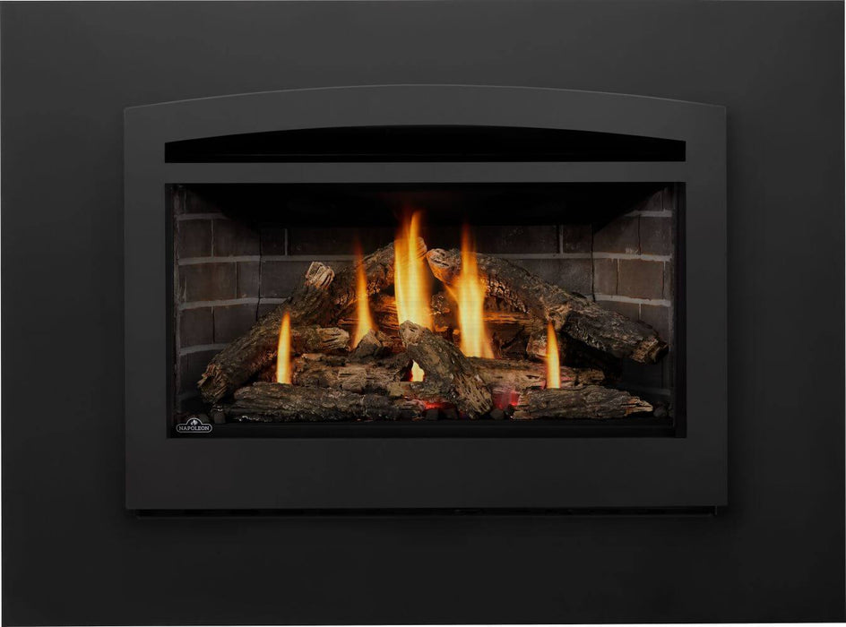 Napoleon Rosedale 3 gas fireplace insert front view with oak logs, Westminster brick and arched faceplate