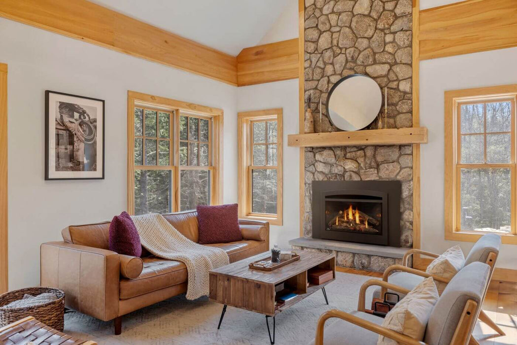 Napoleon Rosedale 3 gas fireplace insert with MIRRO-FLAME panels and oak logs, angled