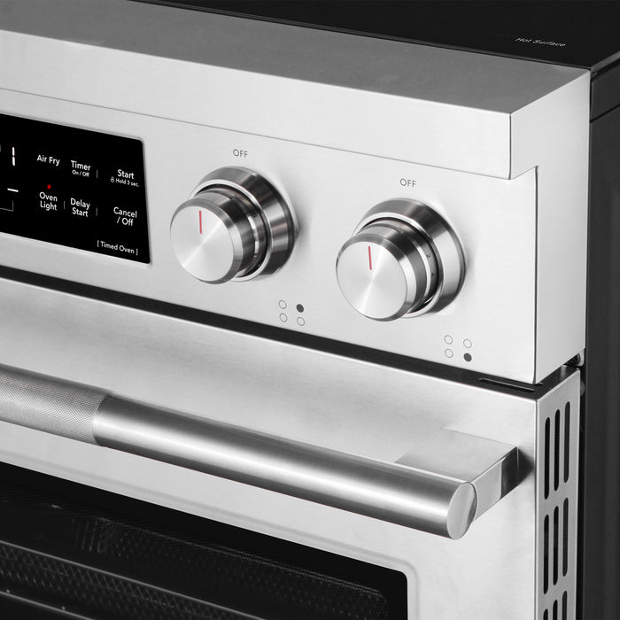 Cosmo 30 in. Stellar Collection 4.6 cu. ft. Electric Range, 4 Burner Ceramic Glass Cooktop, Convection Oven, Stainless Steel control knobs detail