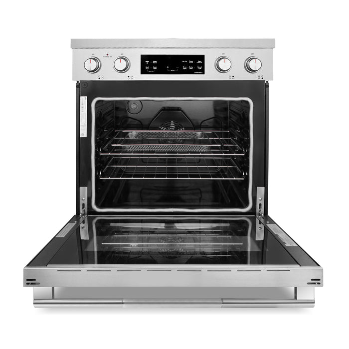 Cosmo 30 in. Stellar Collection 4.6 cu. ft. Electric Range, 4 Burner Ceramic Glass Cooktop, Convection Oven, Stainless Steel with oven door open