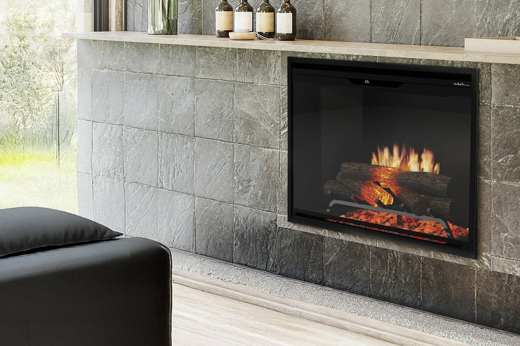 Black refractory Dimplex Revillusion 36 built-in electric fireplace in a contemporary room