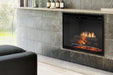 Black refractory Dimplex Revillusion 36 built-in electric fireplace in a contemporary room