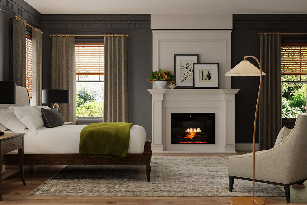 Black Dimplex Revillusion built-in electric fireplace in a bedroom feature wall