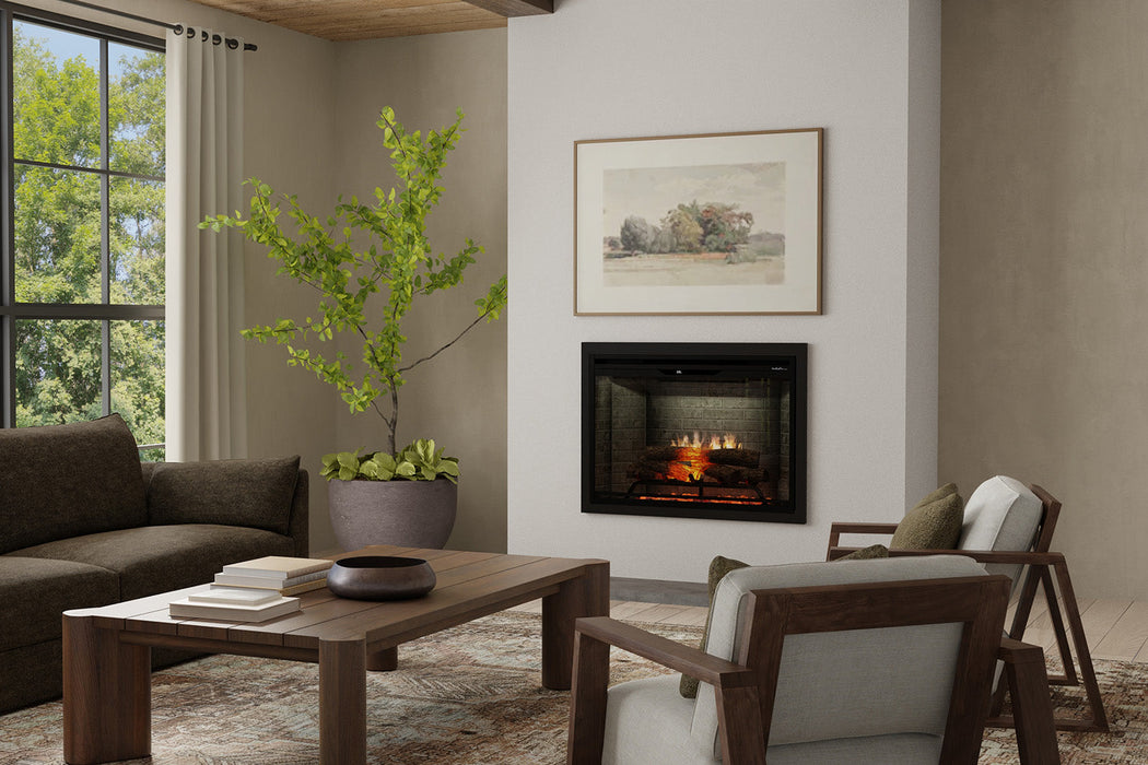 Neutral brick Dimplex Revillusion 36 built-in electric fireplace on a living room feature wall
