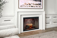 Weathered concrete Dimplex Revillusion portrait electric fireplace on a living room wall