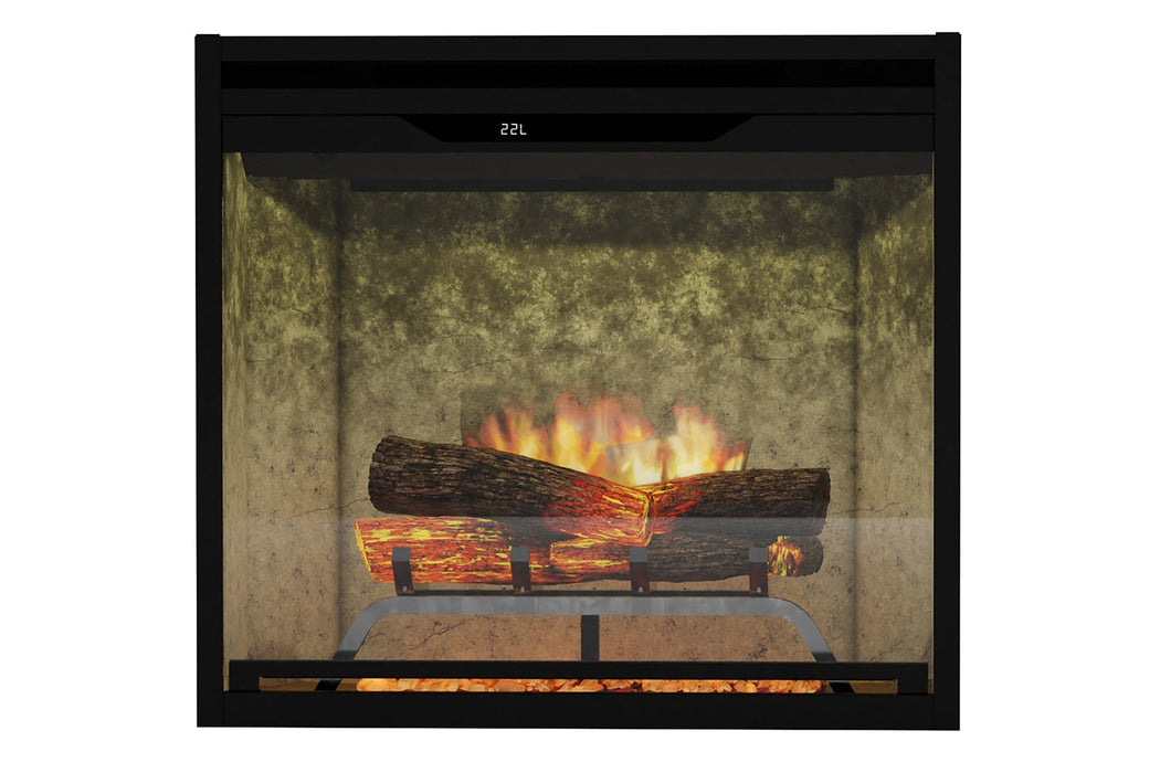 Dimplex Revillusion 24 inch electric firebox front view with Realogs log set lit