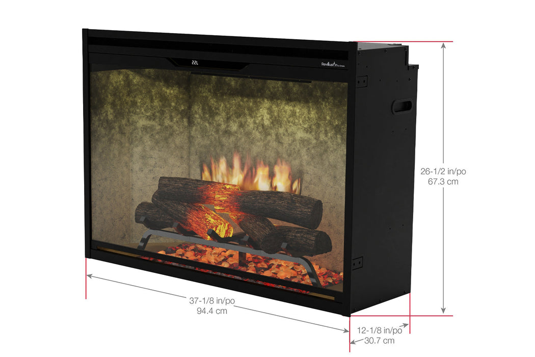 Dimplex Revillusion 36 electric firebox dimensions and framing diagram 36 5/8 by 26 1/4 inches
