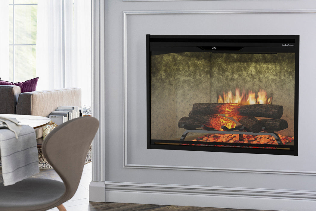 Dimplex Revillusion 36 inch built-in electric firebox weathered concrete in a modern living room