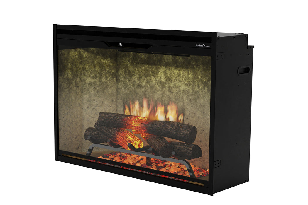 Weathered concrete interior and Realogs log set in the Dimplex Revillusion 36 electric firebox