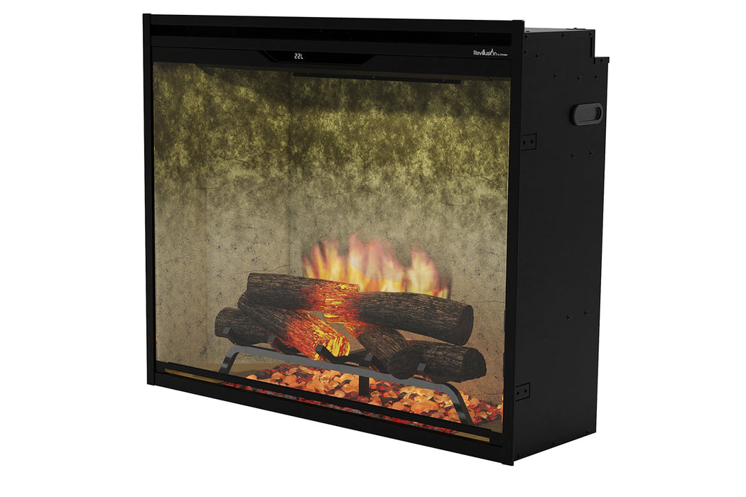 Realogs log set and lit interior of the Dimplex Revillusion 36 portrait electric fireplace