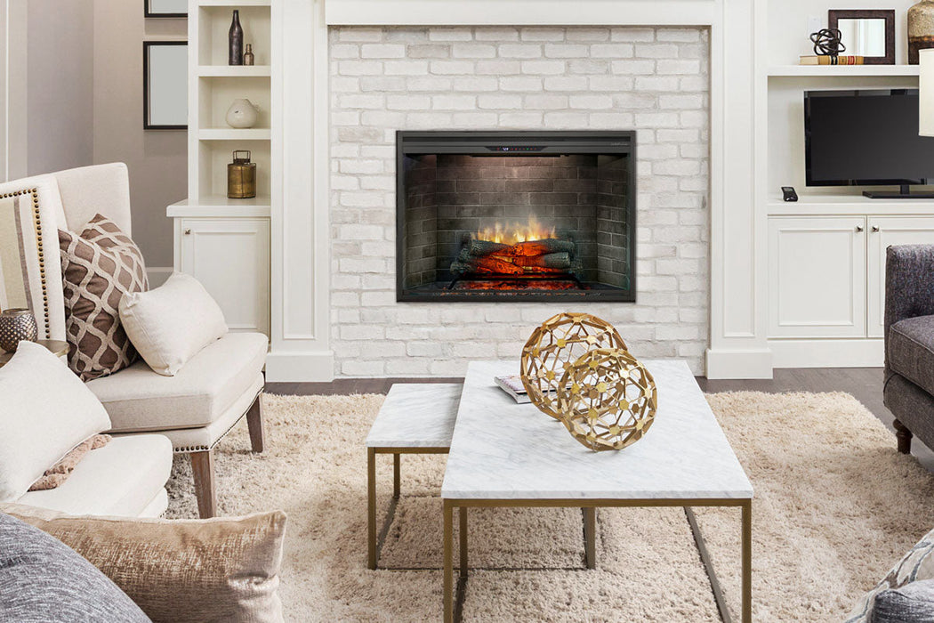 Neutral brick Dimplex Revillusion 42 built-in electric fireplace in a contemporary feature wall