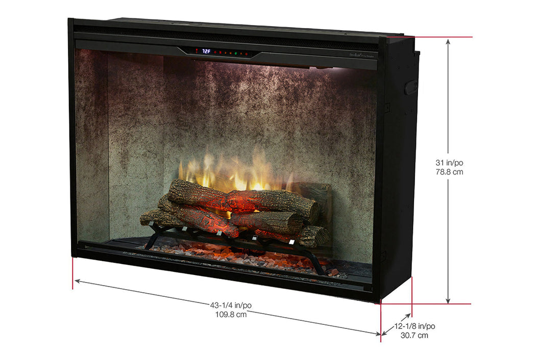 Dimplex Revillusion 42 electric firebox dimensions and framing diagram 42 5/8 by 30 5/8 inches