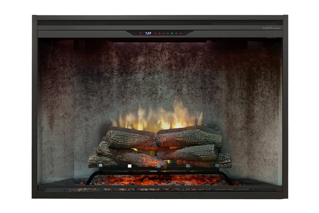Dimplex Revillusion 42 inch electric firebox weathered concrete refractory front view with glass pane