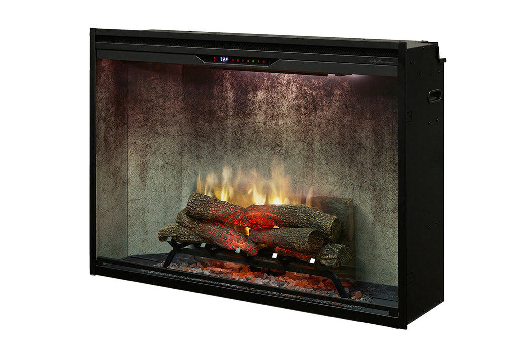 Weathered concrete interior and Realogs log set inside the Dimplex Revillusion 42 electric firebox