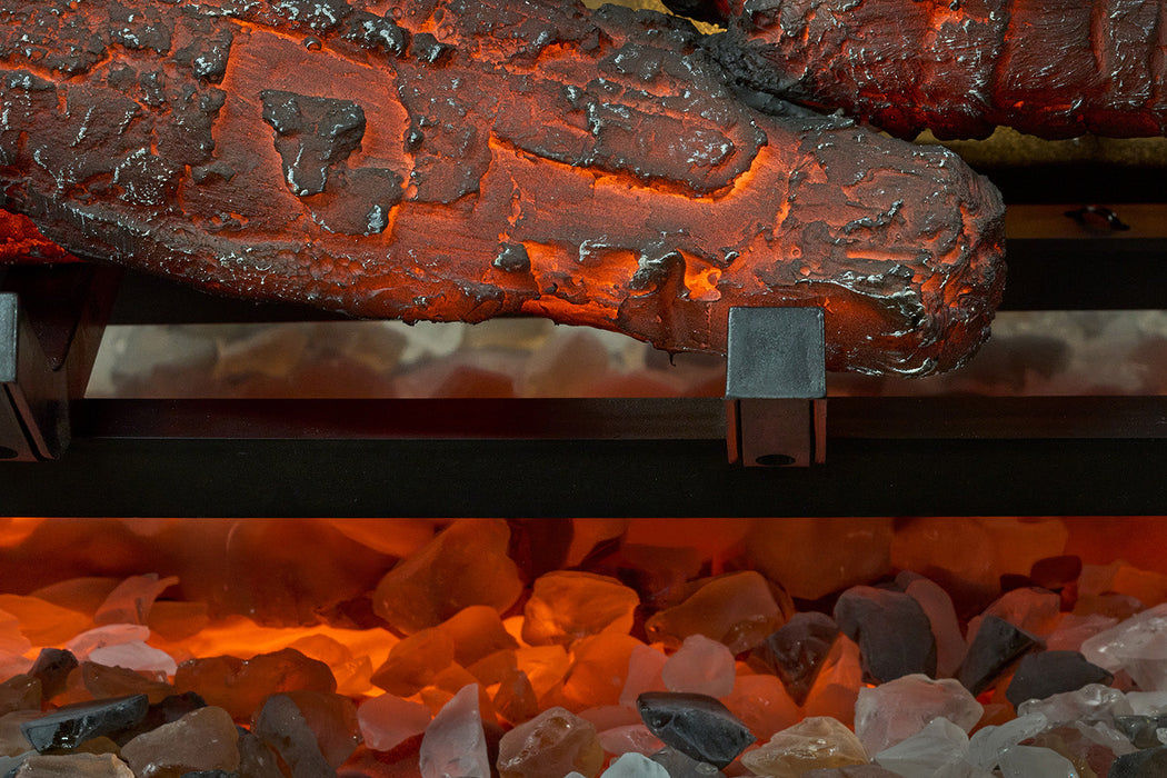 Tumbled glass and black gravel ember bed on the Dimplex Revillusion electric fireplace