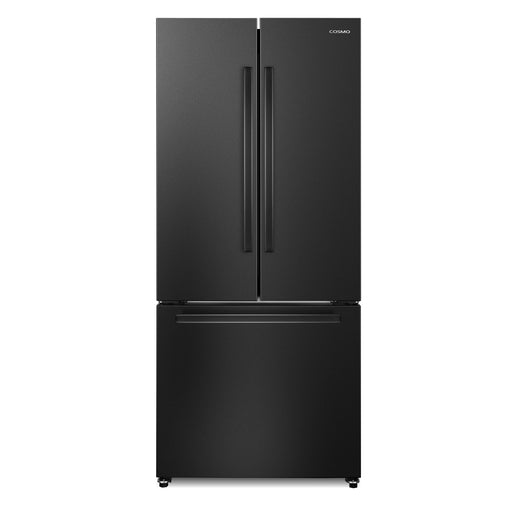 Cosmo 30-Inch Vista Collection 17.5 Cu. Ft. Counter Depth 3-Door French Door Refrigerator, Freezer Drawer, Handles, Matte Black front view