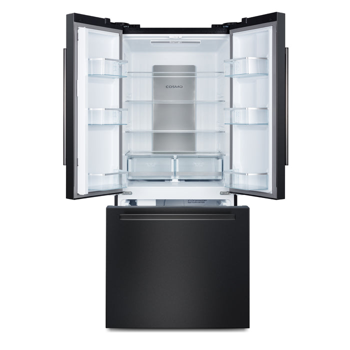 Cosmo 30 in. Vista Collection 17.5 cu. ft. Counter Depth 3-Door French Door Refrigerator, Freezer Drawer, Handles, Matte Black with oven door open