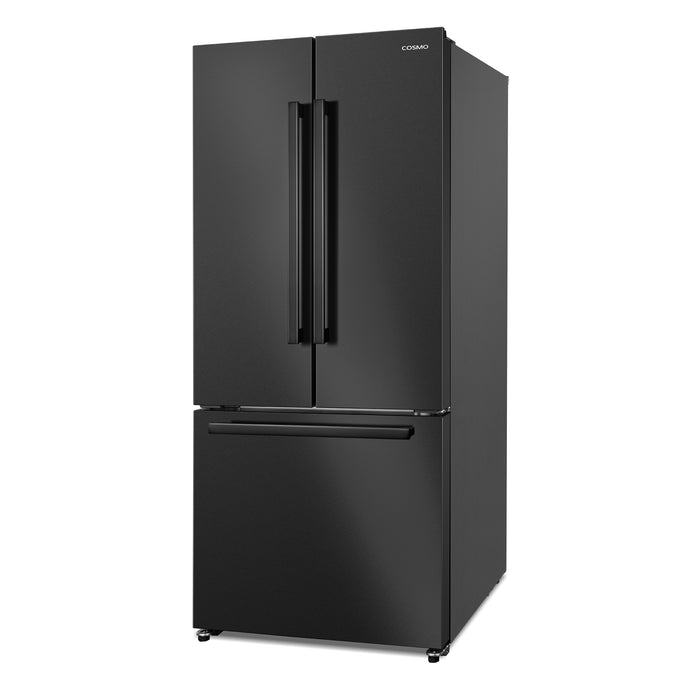 Cosmo 30 in. Vista Collection 17.5 cu. ft. Counter Depth 3-Door French Door Refrigerator, Freezer Drawer, Handles, Matte Black right side view
