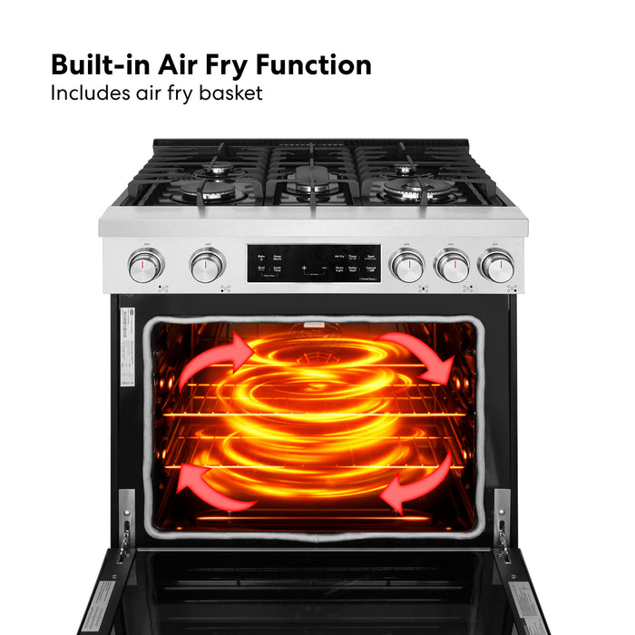 Cosmo 30 in. Stellar Collection 4.6 cu. ft. Gas Range, 5 Burners, Convection Oven, Cast Iron Grates, Stainless Steel air fry function