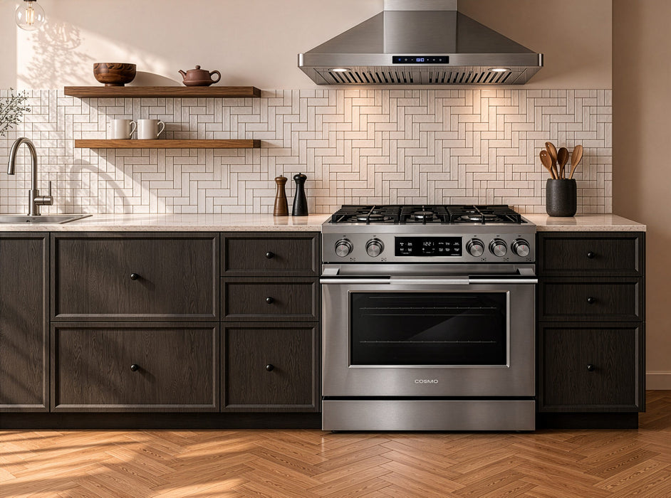Cosmo 30 in. Stellar Collection 4.6 cu. ft. Gas Range, 5 Burners, Convection Oven, Cast Iron Grates, Stainless Steel lifestyle kitchen view