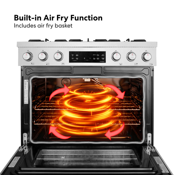 Cosmo 36 in. Stellar Collection 5.8 cu. ft. Gas Range, 6 Burners, Convection Oven, Cast Iron Grates, Stainless Steel air fry function