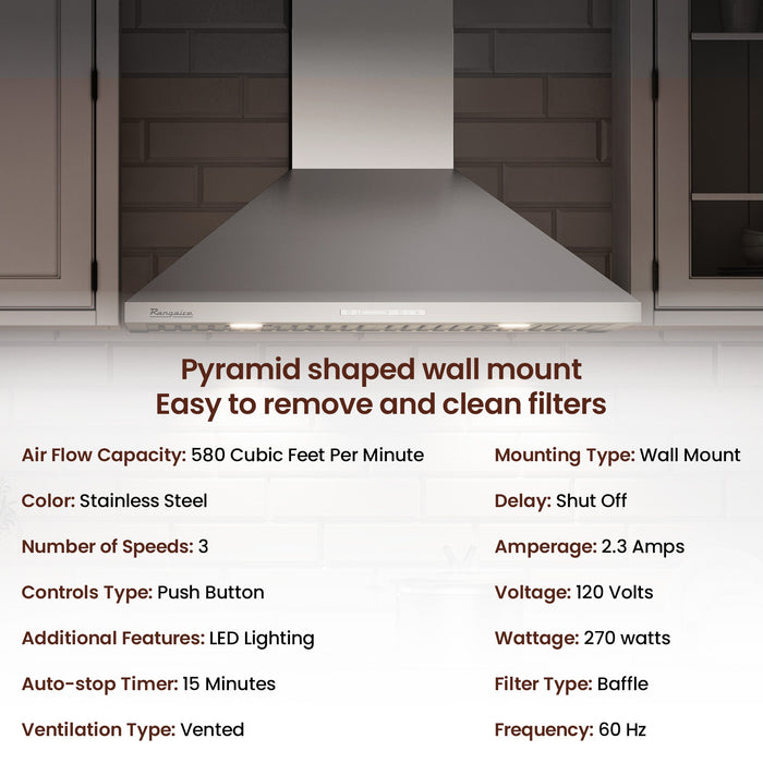 Rangaire 30" Wall-Mounted Range Hood 580 CFM Convertible Stainless Steel RHWMP30S Ventilation - Dimensions