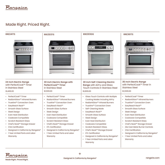Rangaire 24" Electric Range AirFry Convection Oven Freestanding Stainless Steel RRE241TS