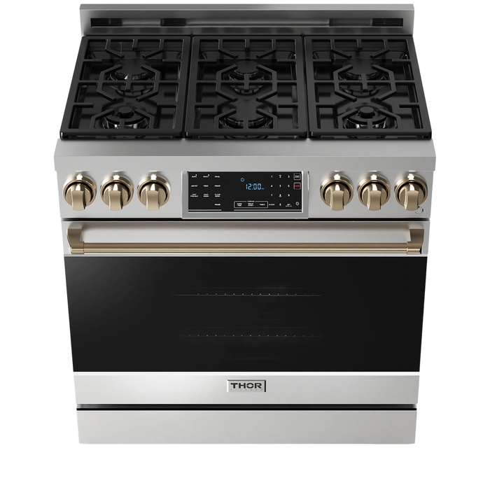 Thor Kitchen Gordon Ramsay Series 36-Inch Professional Gas Range with Tilt Panel Touch Control in Stainless Steel with Bronze Trim (RSG36-BRZ) Thor Kitchen